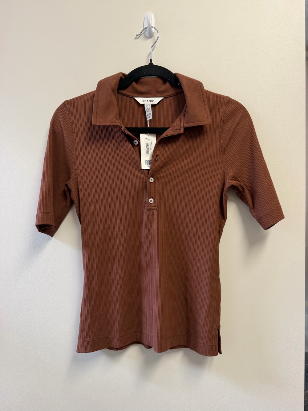 SPANX Women's Brown Ribbed Knit Collared Button Polo Top Short Sleeve Small P